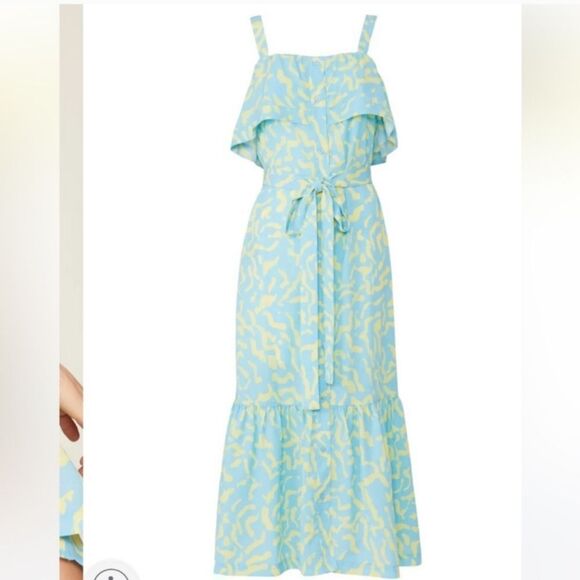 Derek Lam Collective  RTR blue & yellow Scribble Tie Tiered Midi Dress size 42/6 - Picture 3 of 6